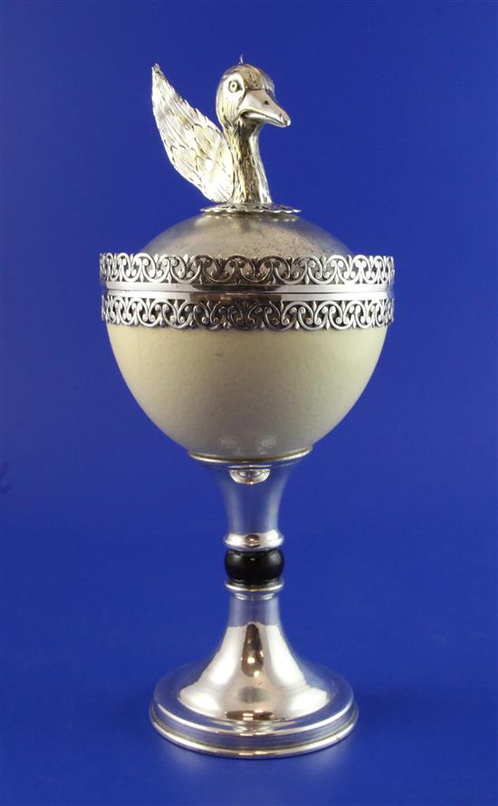 A 20th century Italian silver plate mounted ostrich egg by Fausto? Benazzi, Firenze, 11.75in.